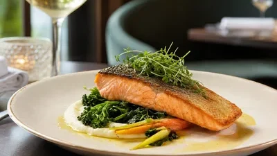 Salmon on a Plate and Glass of White Wine